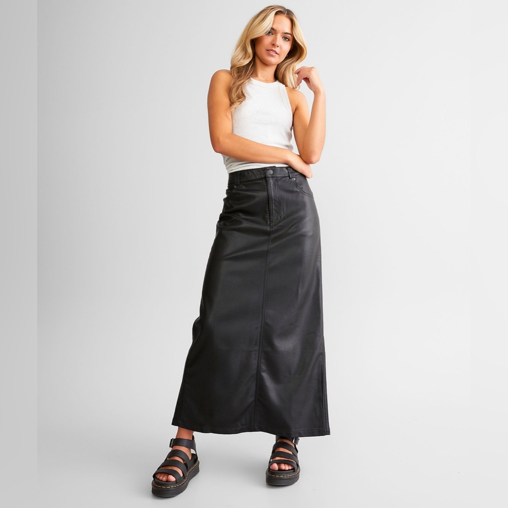 Free People x Anthropologie Black Faux Leather City Slicker Maxi Boho Skirt sz 2